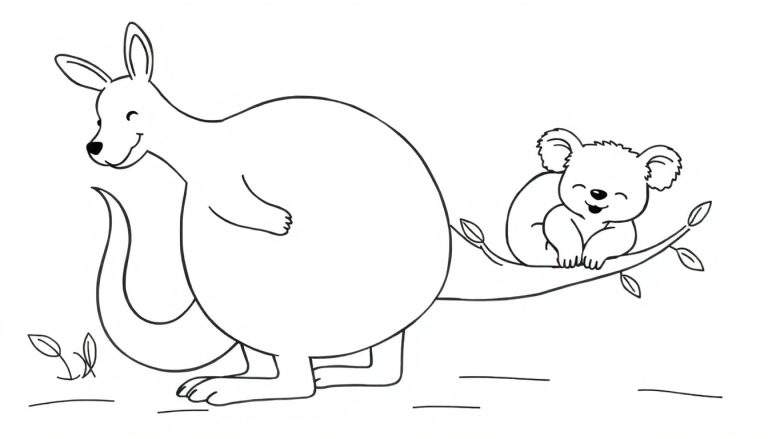 Disegno da colorare di un canguro con testa inclinata e un koala con occhi chiusi seduti su un ramo, circondati da foglie stilizzate. La scena è in bianco e nero e invita a essere colorata.