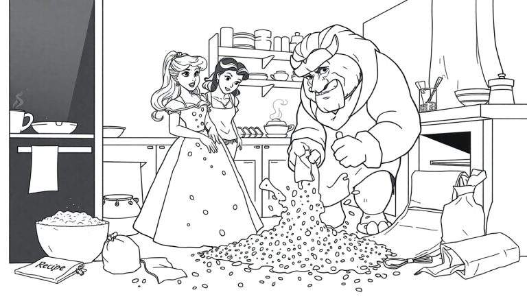 Disegno da colorare in bianco e nero: donna bionda con corona, donna con grembiule e una bestia cornuta che rovesciano chicchi in una cucina disordinata con pentole, piatti e un libro di ricette.