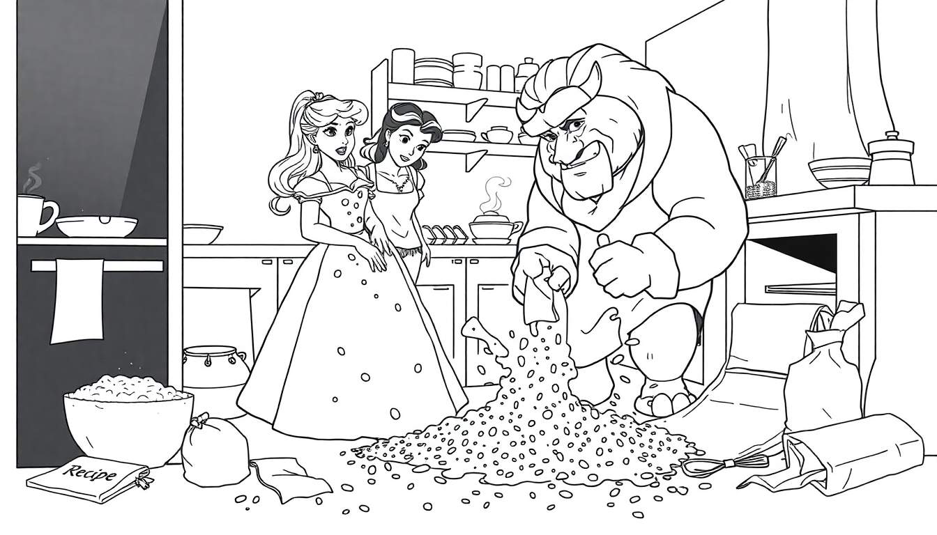 Disegno da colorare in bianco e nero: donna bionda con corona, donna con grembiule e una bestia cornuta che rovesciano chicchi in una cucina disordinata con pentole, piatti e un libro di ricette.