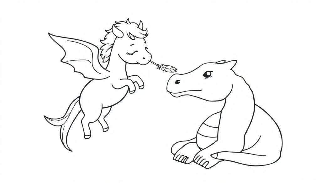 Disegno da colorare in stile cartone animato di un cavallino alato e un drago seduto che si guardano.