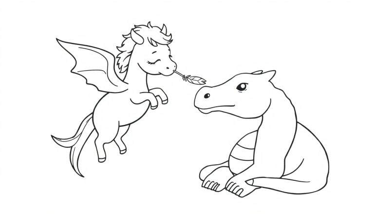 Disegno da colorare in stile cartone animato di un cavallino alato e un drago seduto che si guardano.