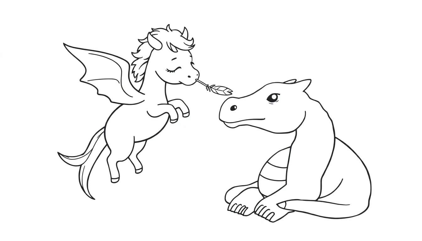 Disegno da colorare in stile cartone animato di un cavallino alato e un drago seduto che si guardano.