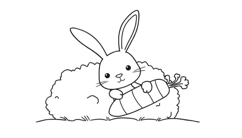 Disegno in bianco e nero di un coniglietto stilizzato con lunghe orecchie dritte, occhi grandi e un naso a Y rovesciata, nascosto dietro un cespuglio peloso e che tiene una carota con strisce orizzontali e foglioline in cima.