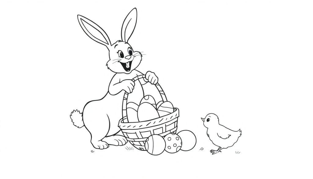 Disegno in bianco e nero di un coniglio pasquale con un cestino di uova decorate, un pulcino e erba.