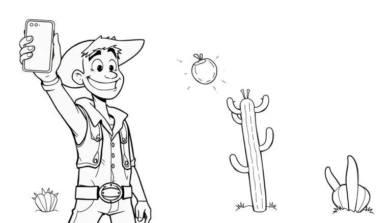 Disegno da colorare di un uomo con cappello da cowboy che scatta un selfie nel deserto.