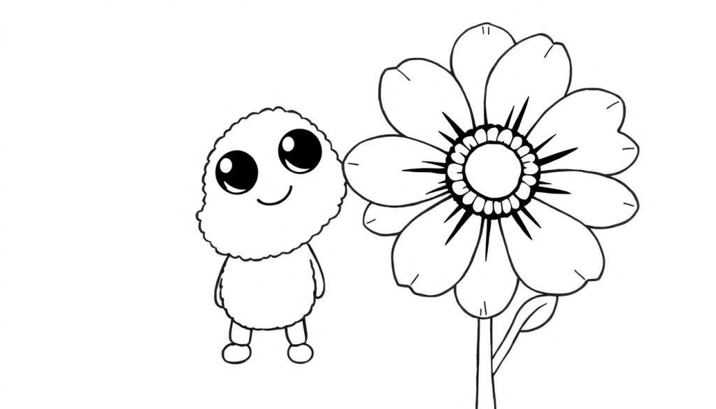 Disegno da colorare di una creatura pelosa sorridente con grandi occhi e un fiore stilizzato.