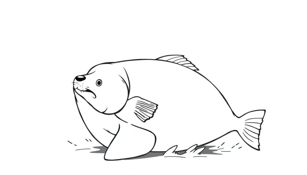 Disegno in bianco e nero di una creatura ibrida pesce-foca, paffuta, con testa tonda, occhio grande, bocca preoccupata, pinne e zampette, su sfondo bianco con polvere o gocce d'acqua.