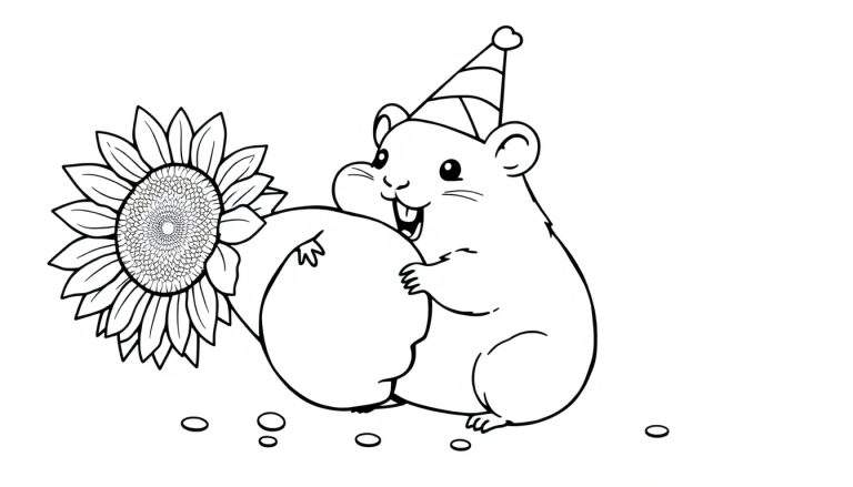 Disegno da colorare di un criceto stilizzato con cappello da festa e un girasole.