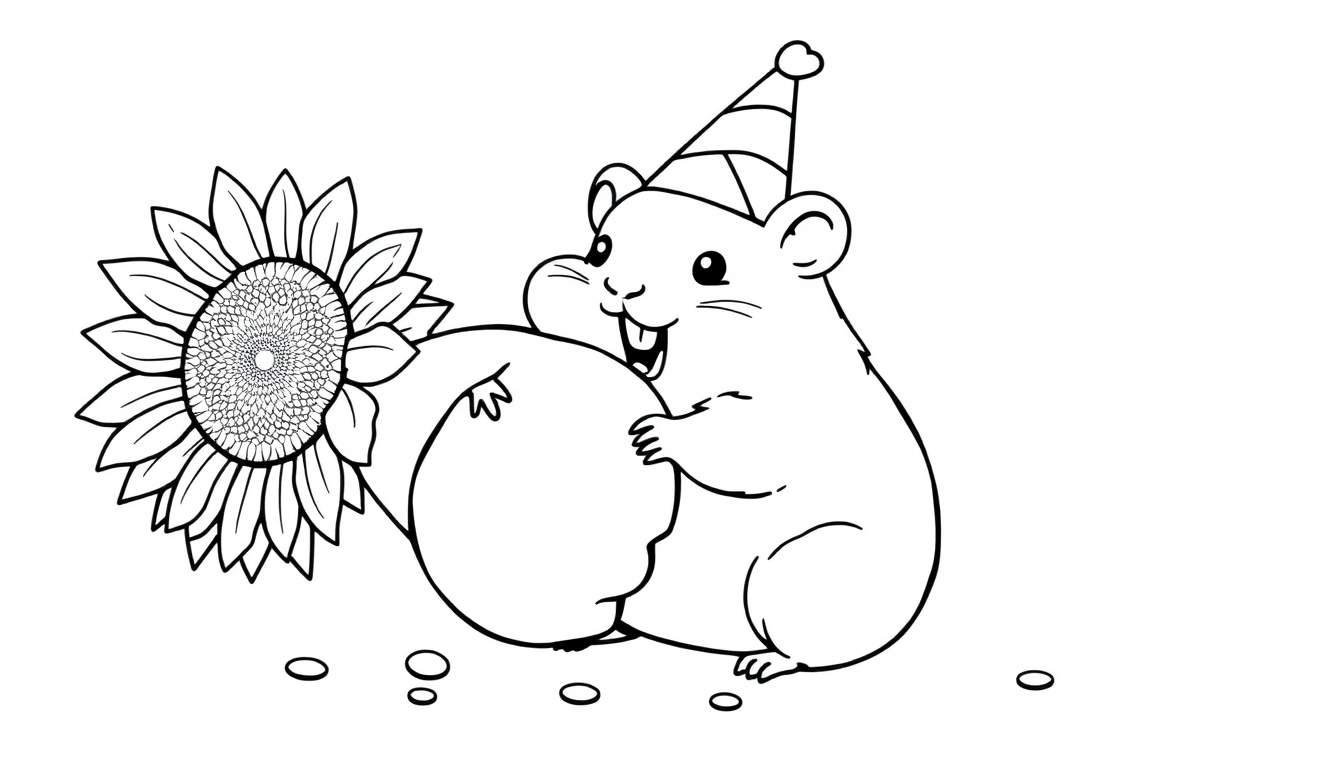 Disegno da colorare di un criceto stilizzato con cappello da festa e un girasole.