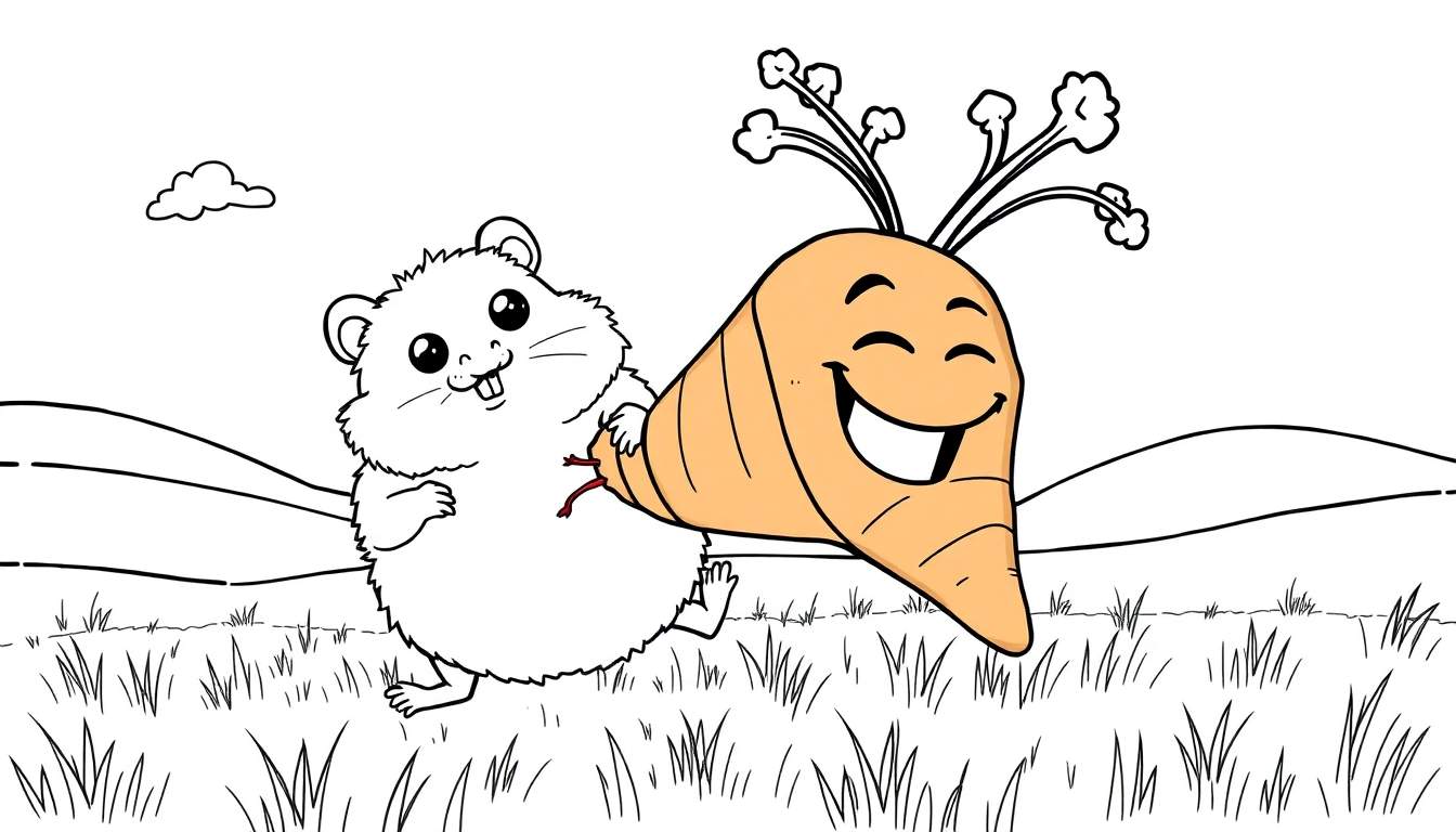 Disegno da colorare di un criceto bianco che tira una carota sorridente con un cordino rosso.