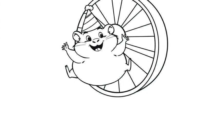 Disegno da colorare di un criceto sorridente con un cappello da festa che corre su una ruota.