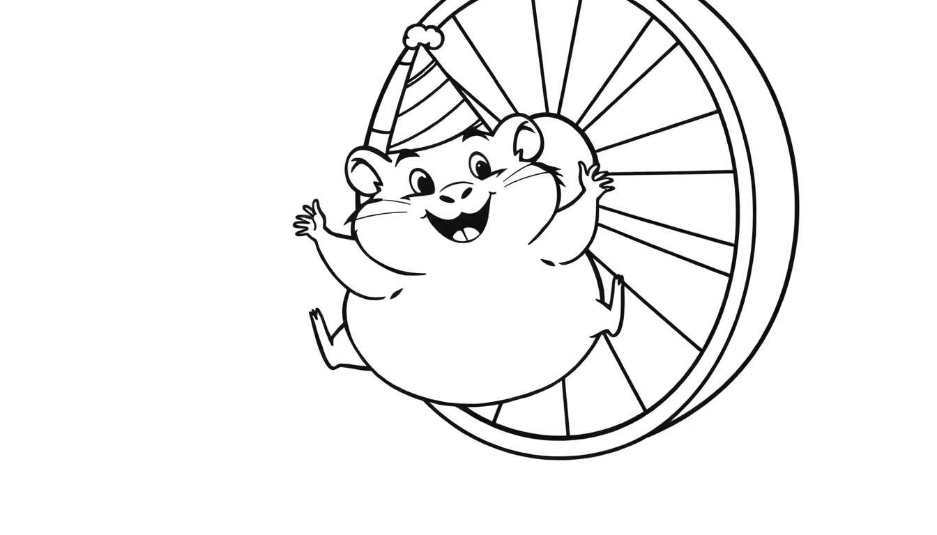 Disegno da colorare di un criceto sorridente con un cappello da festa che corre su una ruota.