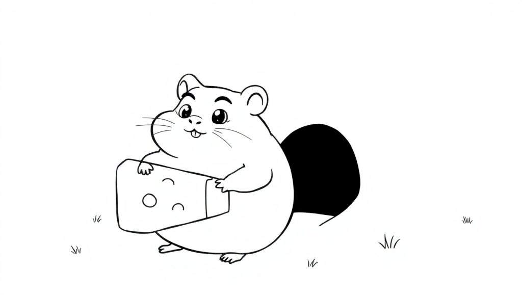 Disegno in bianco e nero di un criceto dei cartoni animati felice che tiene un pezzo di formaggio con buchi, circondato da pochi ciuffi d'erba.