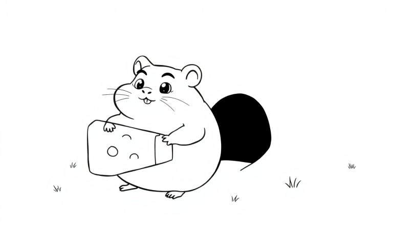 Disegno in bianco e nero di un criceto dei cartoni animati felice che tiene un pezzo di formaggio con buchi, circondato da pochi ciuffi d'erba.