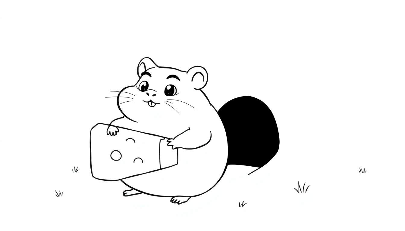 Disegno in bianco e nero di un criceto dei cartoni animati felice che tiene un pezzo di formaggio con buchi, circondato da pochi ciuffi d'erba.