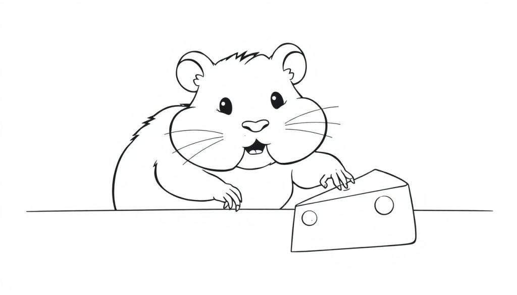 Disegno da colorare di un criceto bianco e nero con zampa sul formaggio.