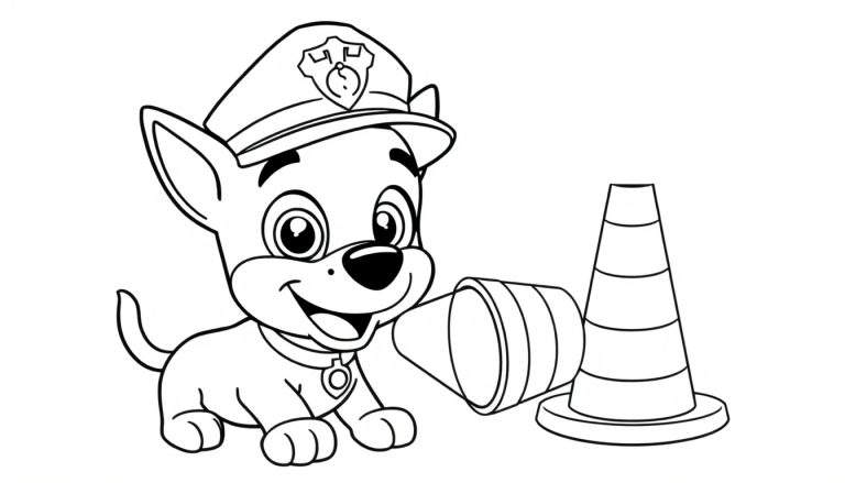Disegno da colorare di un cucciolo di cane simile a Chase di Paw Patrol seduto e sorridente con un berretto da poliziotto, accanto a due coni stradali.