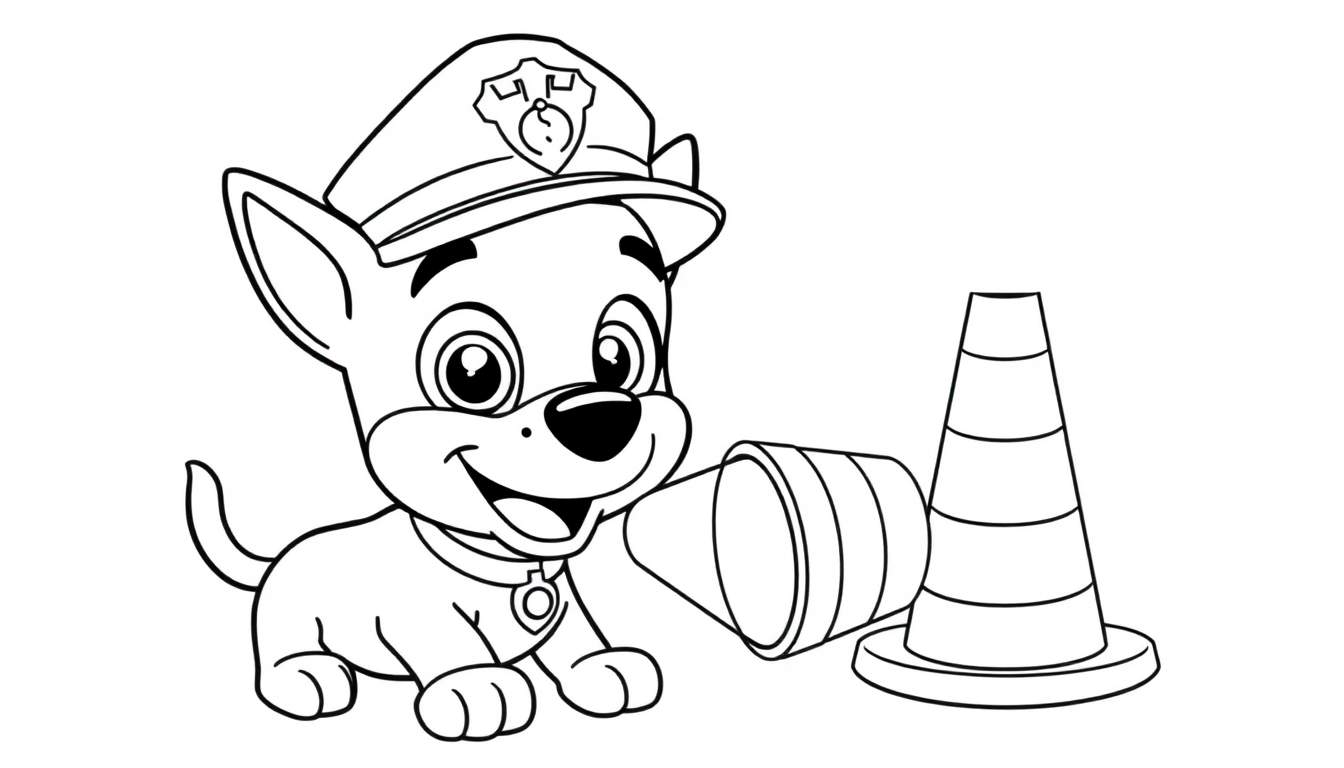 Disegno da colorare di un cucciolo di cane simile a Chase di Paw Patrol seduto e sorridente con un berretto da poliziotto, accanto a due coni stradali.