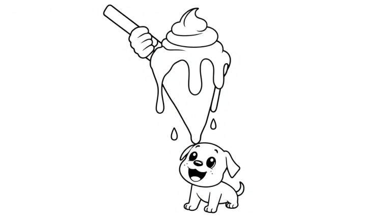Disegno da colorare: un cucciolo di cane con occhi spalancati e bocca aperta sotto un cono gelato che gocciola, tenuto da una mano stilizzata.