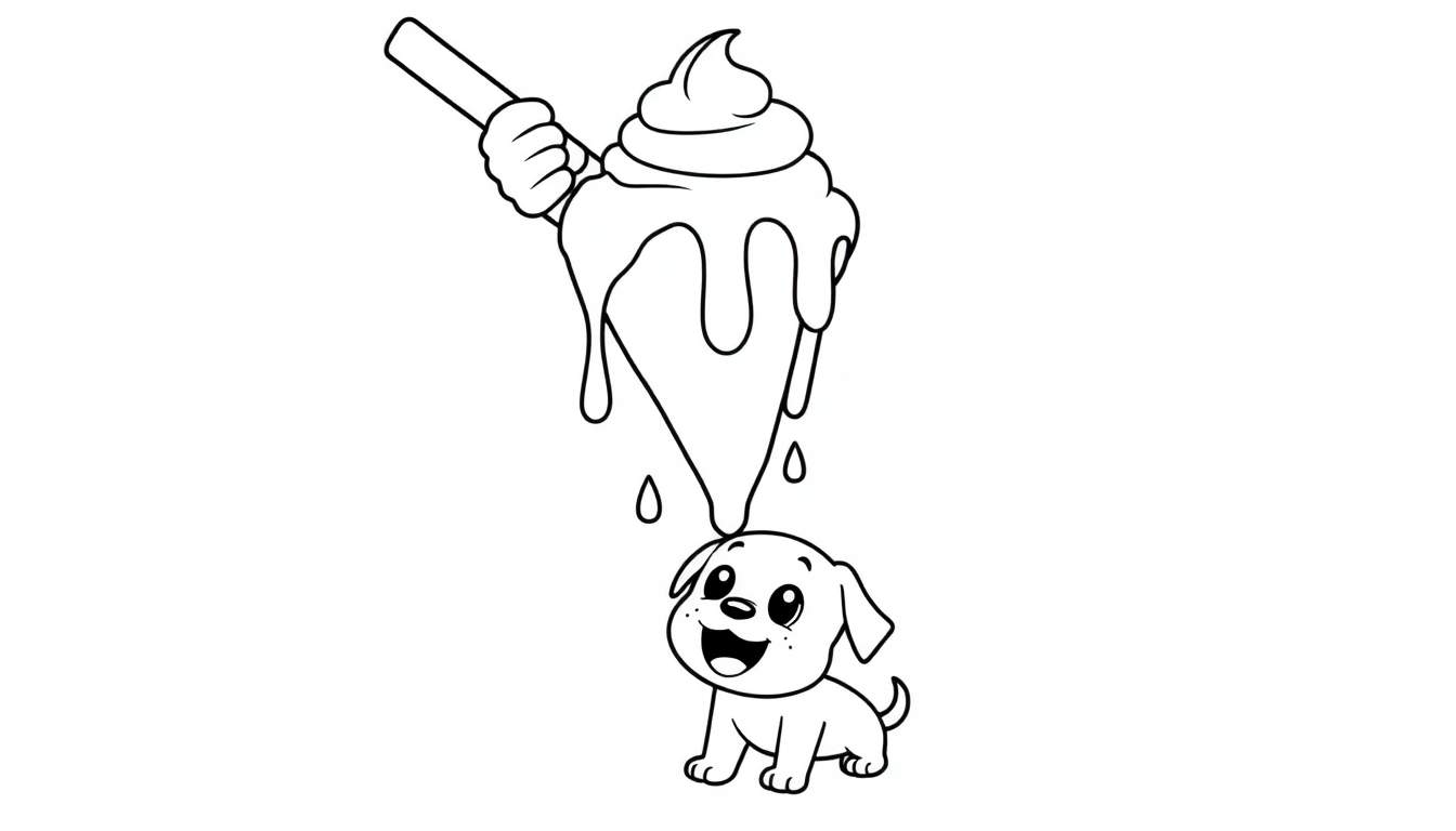 Disegno da colorare: un cucciolo di cane con occhi spalancati e bocca aperta sotto un cono gelato che gocciola, tenuto da una mano stilizzata.