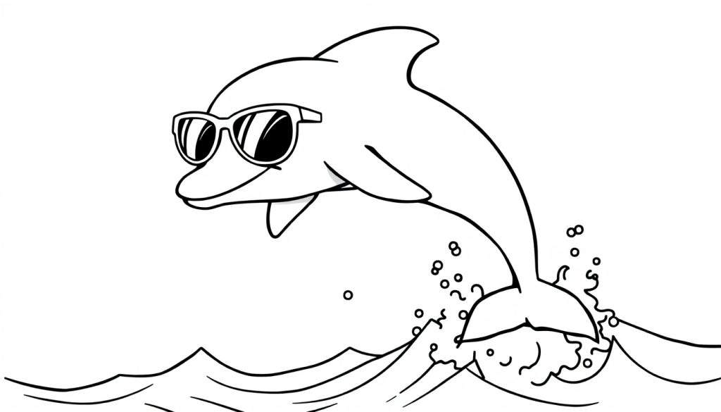 Disegno in bianco e nero di un delfino che salta fuori dall'acqua con occhiali da sole, circondato da onde e bolle.