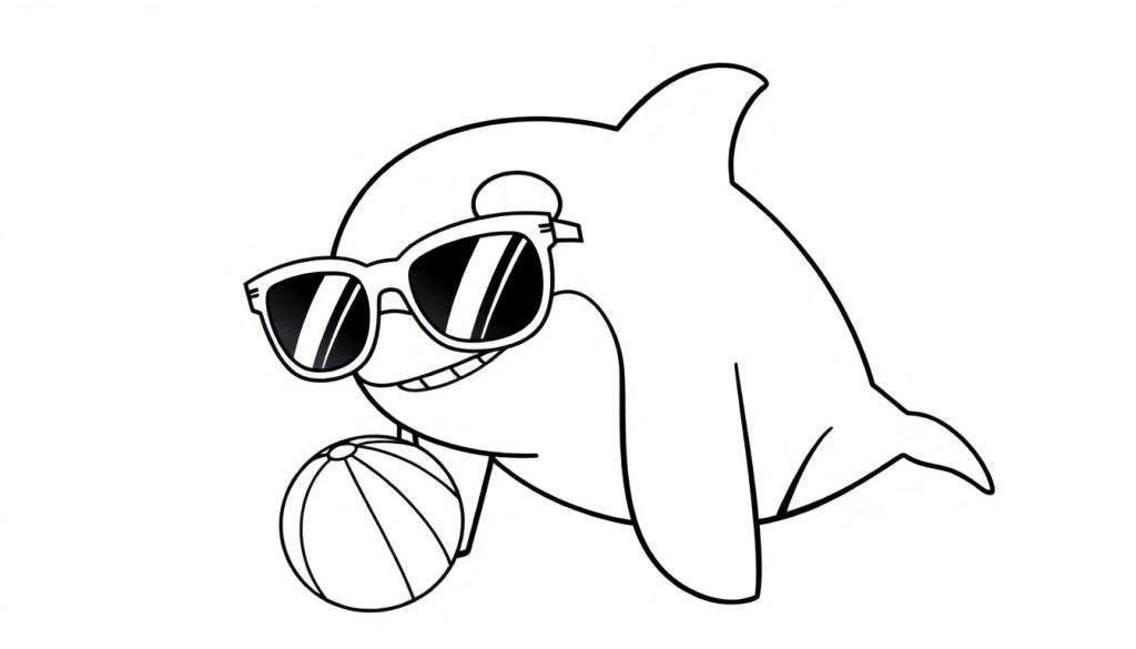 Disegno da colorare di un delfino sorridente con occhiali da sole che tiene una palla.