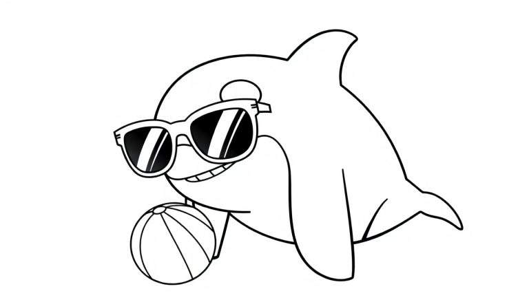 Disegno da colorare di un delfino sorridente con occhiali da sole che tiene una palla.