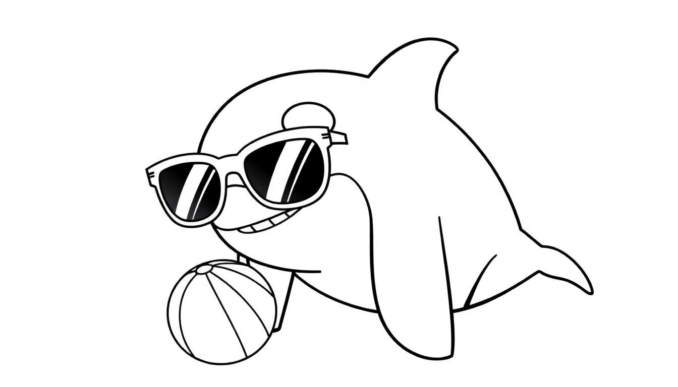 Disegno da colorare di un delfino sorridente con occhiali da sole che tiene una palla.