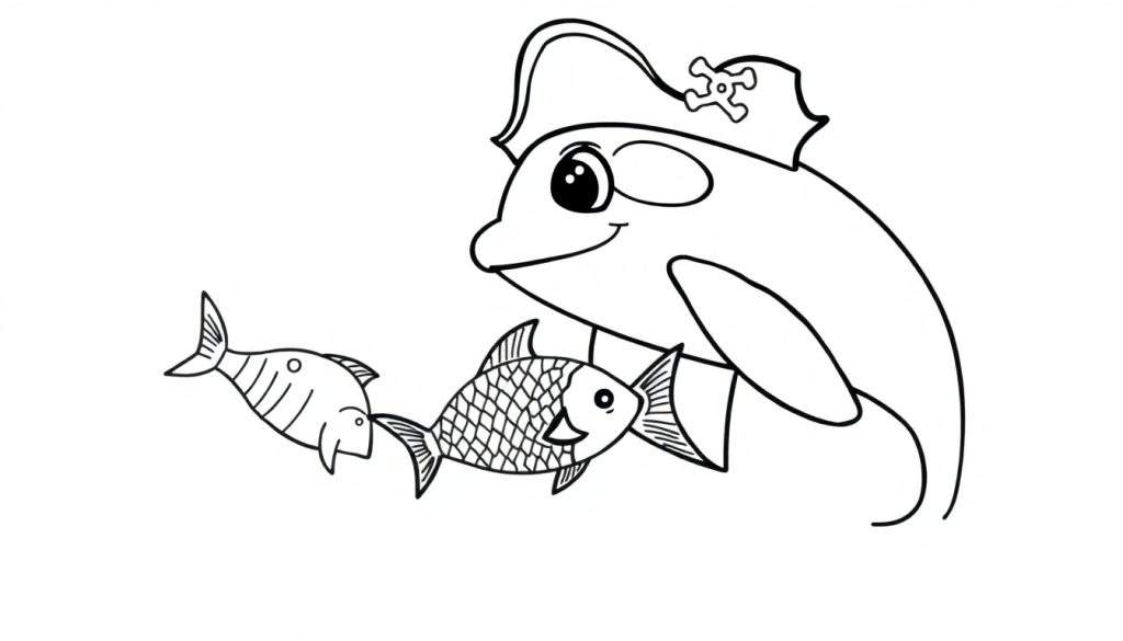 Disegno a linea nera di un delfino pirata con benda sull'occhio e cappello, con due pesci accanto.