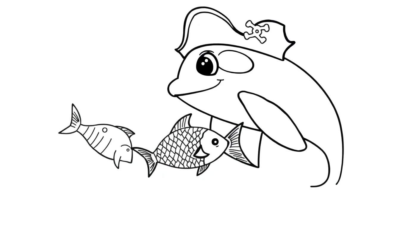 Disegno a linea nera di un delfino pirata con benda sull'occhio e cappello, con due pesci accanto.