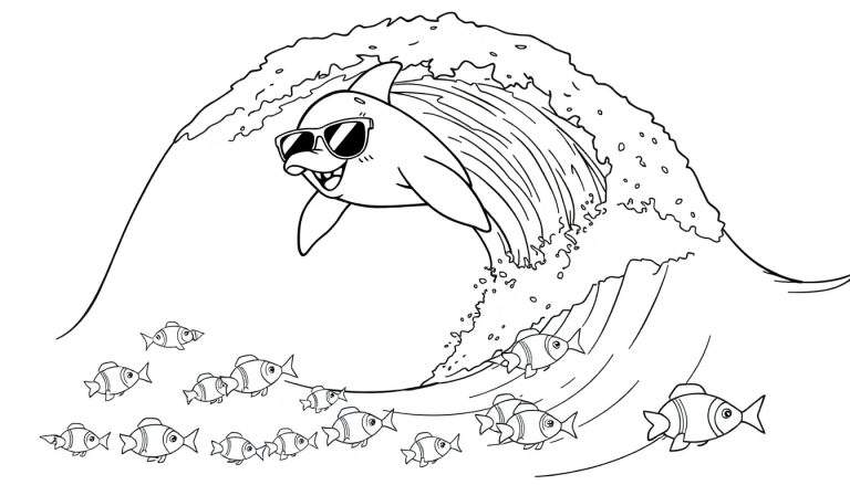 Disegno da colorare di un delfino con occhiali da sole che salta su un'onda, con piccoli pesci intorno.