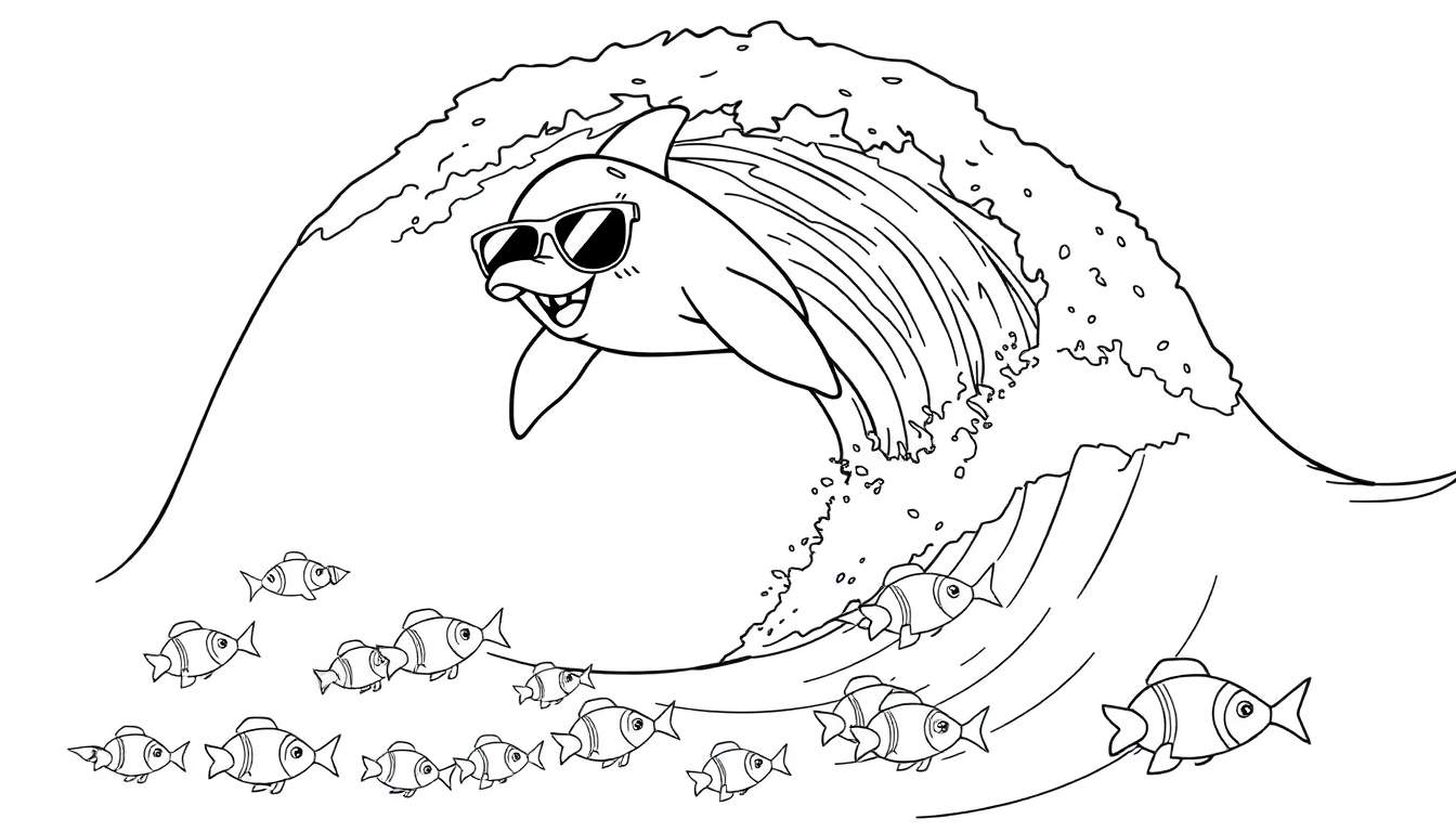 Disegno da colorare di un delfino con occhiali da sole che salta su un'onda, con piccoli pesci intorno.