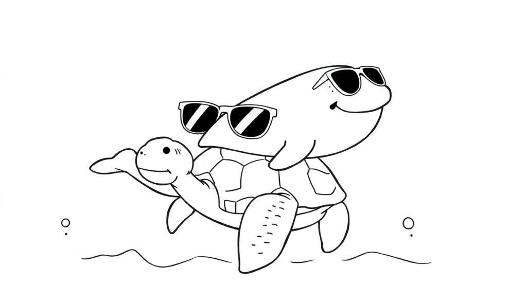 Disegno da colorare di un delfino sorridente con occhiali da sole in sella a una tartaruga marina felice con occhiali da sole, in un ambiente acquatico stilizzato.