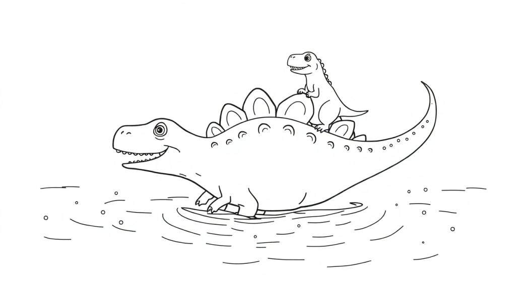 Disegno da colorare di uno Stegosauro con placche sulla schiena che nuota, con un piccolo T-Rex seduto sulla sua schiena. Stile cartone animato.