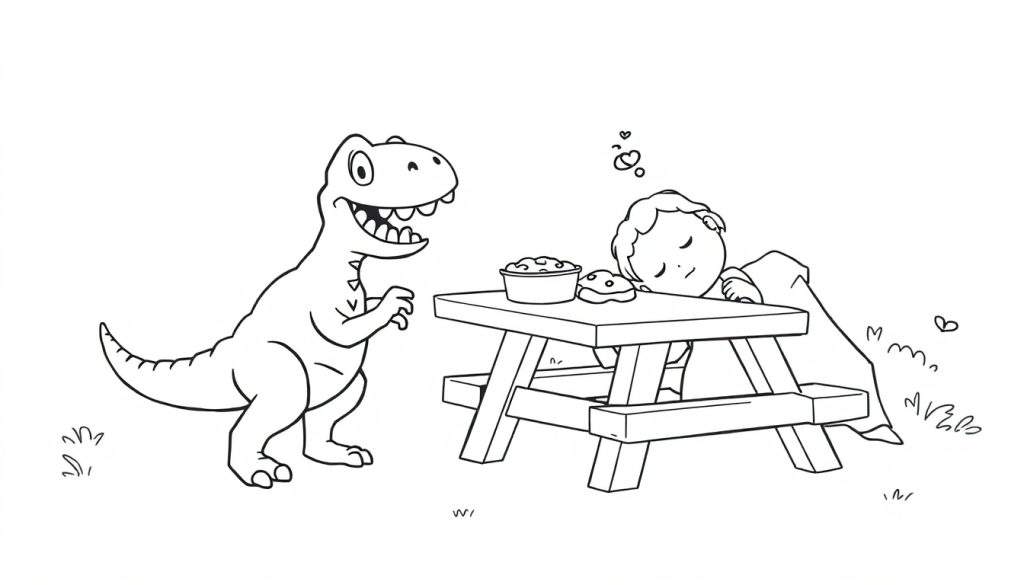 Disegno in bianco e nero di un dinosauro sorridente e un bambino che dorme a un tavolo da picnic, pronto per essere colorato.