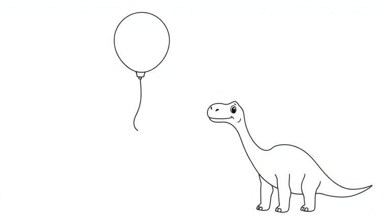 Disegno da colorare di un simpatico dinosauro che gioca con un palloncino.