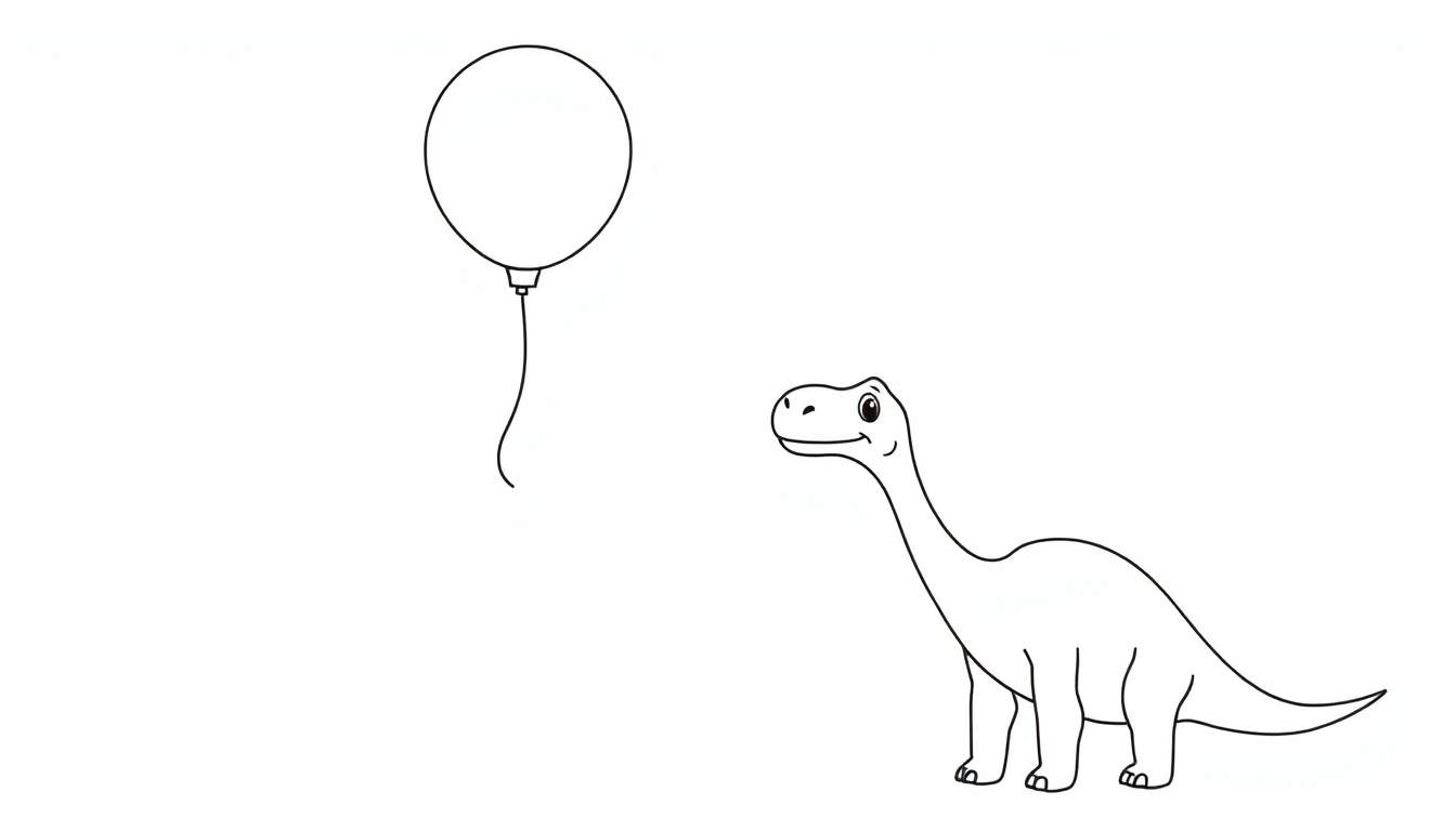 Disegno da colorare di un simpatico dinosauro che gioca con un palloncino.