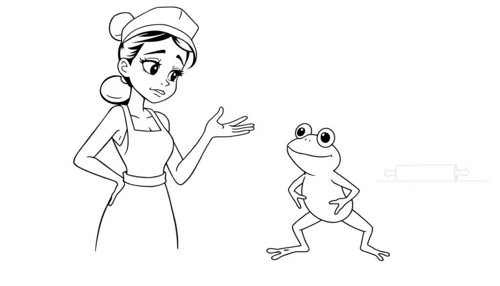 Disegno in bianco e nero di una donna perplessa con una mano alzata che guarda una rana in piedi su due zampe. Un matterello è visibile sullo sfondo.