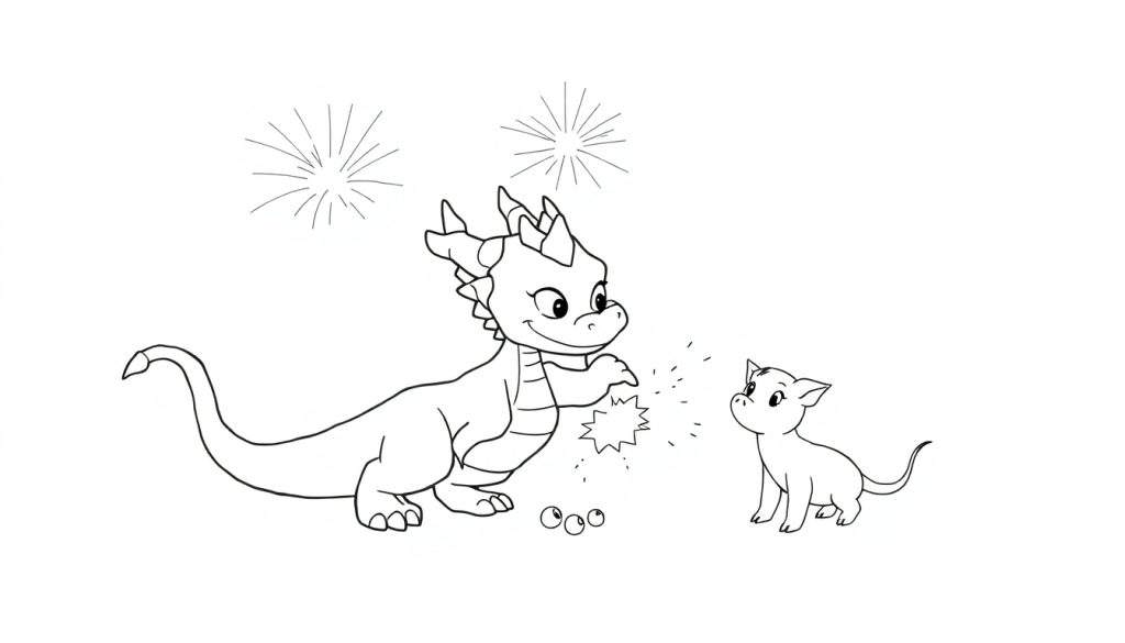 Disegno da colorare di un draghetto sorridente con le ali aperte, accovacciato, accanto a un piccolo animale simile a un gatto o maialino in piedi. Ci sono scintille tra loro, tre palline a terra e due fuochi d'artificio stilizzati in lontananza.