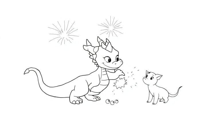 Disegno da colorare di un draghetto sorridente con le ali aperte, accovacciato, accanto a un piccolo animale simile a un gatto o maialino in piedi. Ci sono scintille tra loro, tre palline a terra e due fuochi d'artificio stilizzati in lontananza.