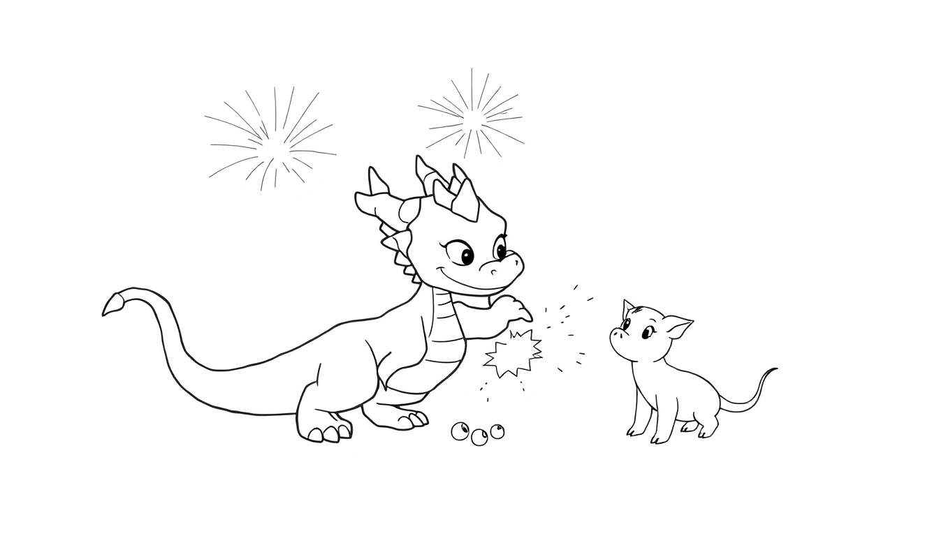 Disegno da colorare di un draghetto sorridente con le ali aperte, accovacciato, accanto a un piccolo animale simile a un gatto o maialino in piedi. Ci sono scintille tra loro, tre palline a terra e due fuochi d'artificio stilizzati in lontananza.