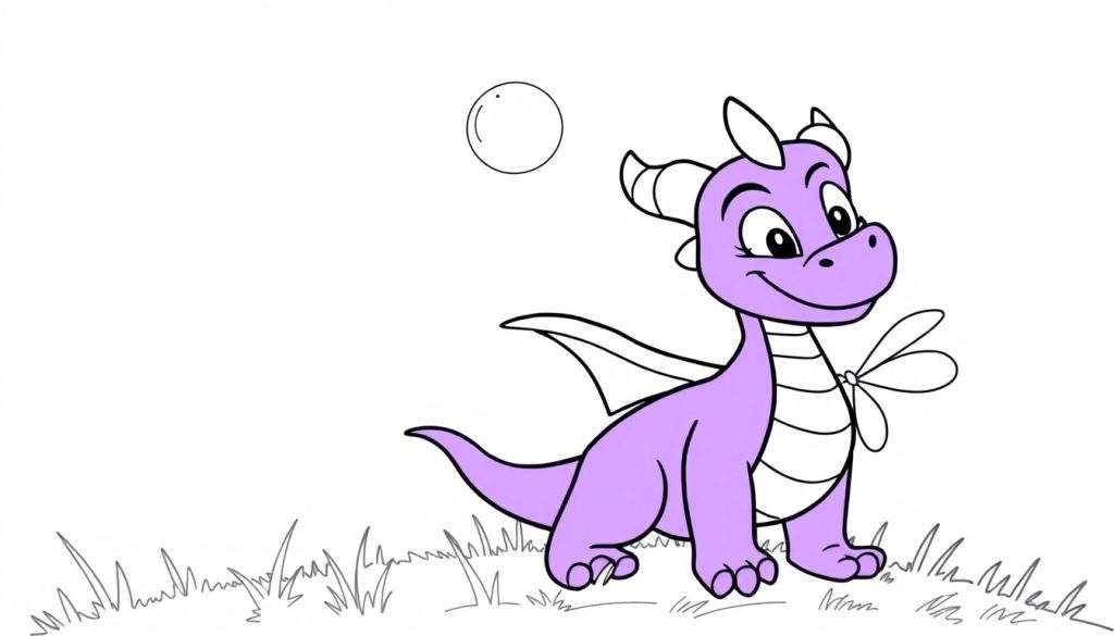 Disegno da colorare di un draghetto viola sorridente seduto sull'erba con una bolla sopra.