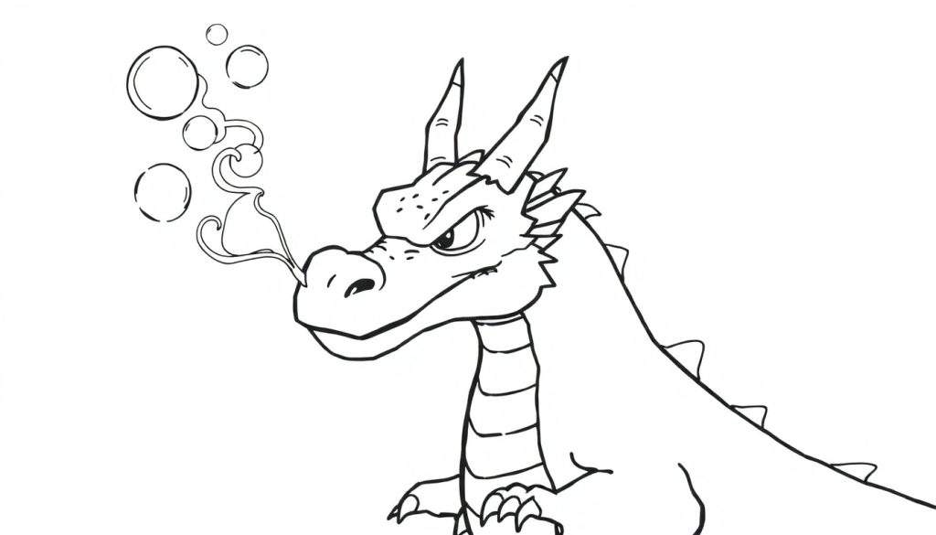 Disegno a inchiostro di un drago di profilo che soffia bolle di sapone. Il drago ha corna, cresta e scaglie ed è pronto per essere colorato.