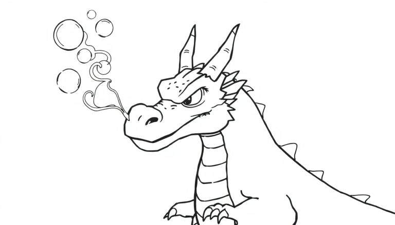 Disegno a inchiostro di un drago di profilo che soffia bolle di sapone. Il drago ha corna, cresta e scaglie ed è pronto per essere colorato.