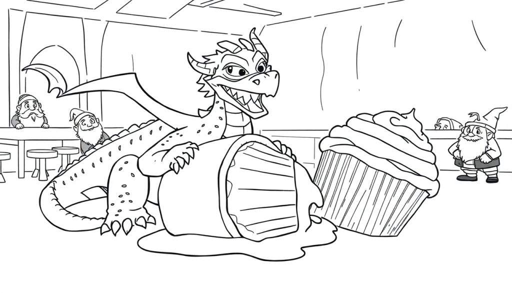 Disegno da colorare di un drago con la bocca spalancata vicino a due cupcake, uno dei quali è caduto e rovesciato, con tre gnomi che osservano in un ambiente interno.