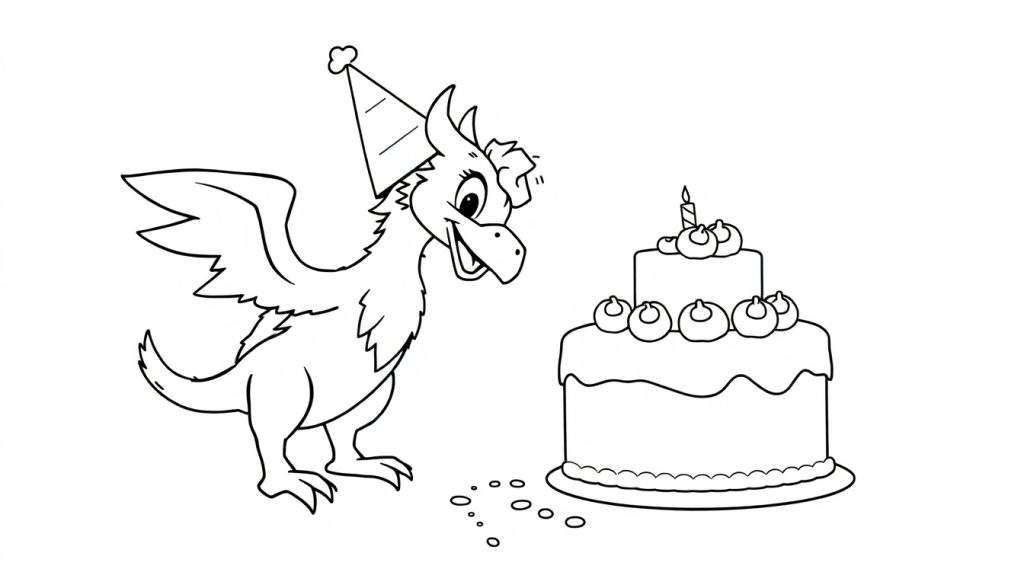 Disegno a tratto di un drago con cappello da festa che guarda una torta a due piani con candela accesa. Gocce sul terreno.