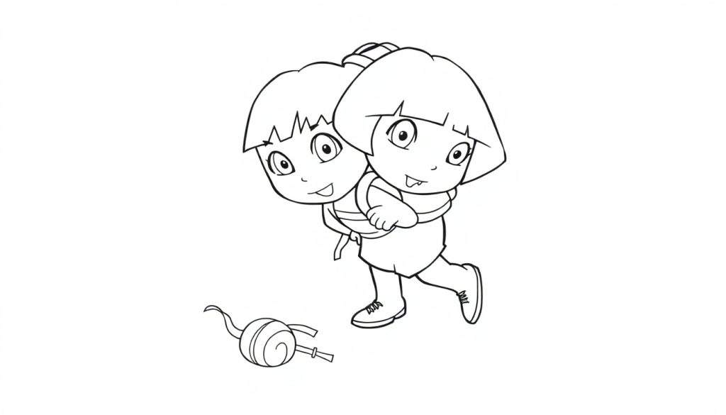 Disegno al tratto nero di due bambini gemelli sorridenti che indossano uno zaino, con un piccolo oggetto a forma di lecca-lecca in basso a sinistra.