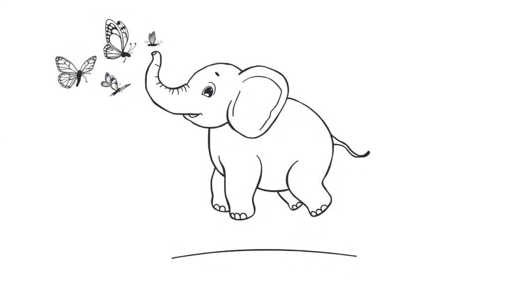 Disegno da colorare di un elefante che salta con farfalle.
