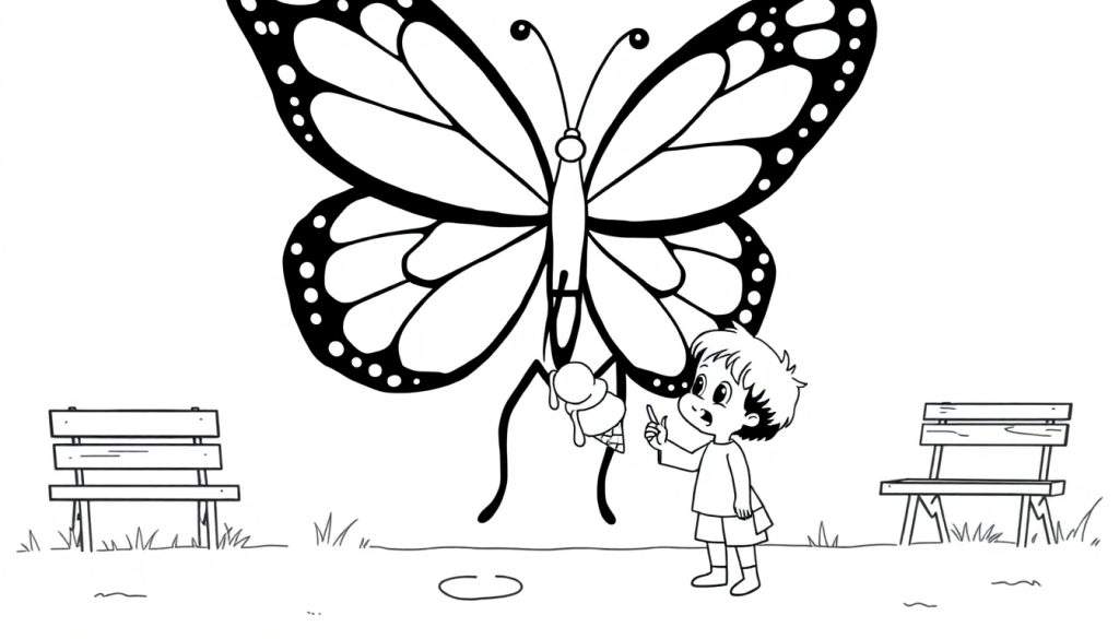 Disegno da colorare di una farfalla, un bambino che alza una mano e un cono gelato che cade, con panchine.