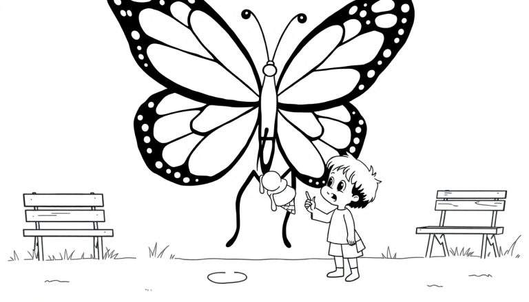Disegno da colorare di una farfalla, un bambino che alza una mano e un cono gelato che cade, con panchine.